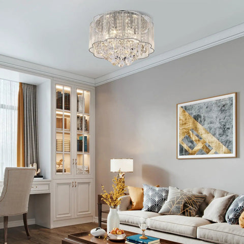 Crystal Raindrop Drum Chandelier Light Flush Mount LED Ceiling Fixture in living room, 16 inch diameter, 12 inch height.