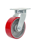 Six Inch Kingpinless Polyurethane Swivel Caster With Reinforced Steel Core 1500 Pound Heavy Duty Rating showing red wheel and metal mount.