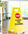Two Pack Double Sided Closed For Cleaning Floor Signs Bright Yellow Folding Warning Plaques Heavy Duty Commercial Retail Markers, yellow caution sign with 'Do Not Enter'.