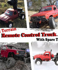 Rugged 1/16 Scale RC Crawler Off Road Truck with LED Lights on muddy terrain, showcasing 4x4 capabilities and spare tire.