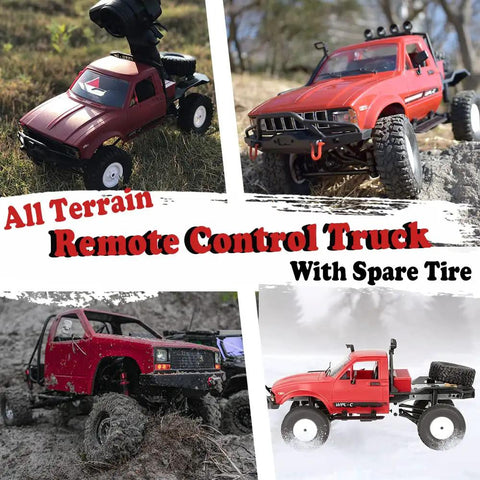 Rugged 1/16 Scale RC Crawler Off Road Truck with LED Lights on muddy terrain, showcasing 4x4 capabilities and spare tire.