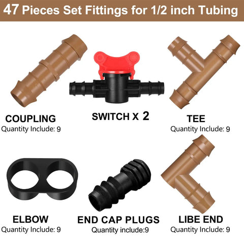 1/2 Inch Drip Irrigation Fittings Kit With 4 Switch Valves And 12 Elbows 12 Couplings 12 End Cap Plugs 12 Tees And 12 End Closures