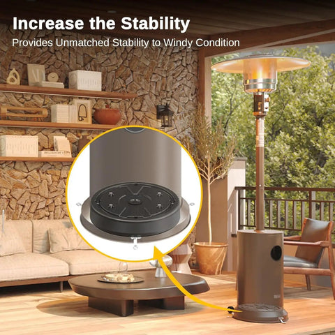 Stability Boost Outdoor Heater Weight Bag With Sand Or Water Fill in black on patio, showing mounting detail