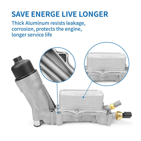 Beefed Up Aluminum Oil Filter Housing With Integrated Oil Cooler For 3.6L V6 Engines Replaces Leaky Plastic Adapters, side view