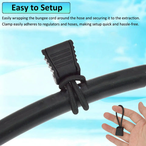 4 Pack Diving Hose Holder Clips For Scuba Gear shown with black bungee cord securing rubber hose, hand holding a clip.