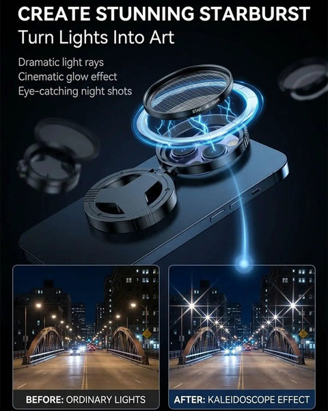 Anti-Glare Magnetic Phone Filter 2 In 1 CPL And Star Filter for iPhone with dramatic starburst effect showing before and after.