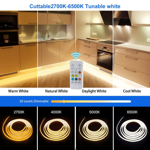 RGBIC LED Rope Lights With Music Sync And Smart App Control 16.4ft Neon LED Strip showcasing tunable white settings in a kitchen