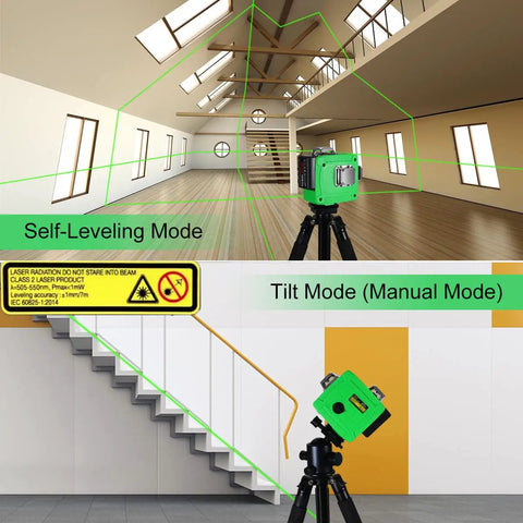 3D Laser Level with Green Laser, Self Leveling and Manual Modes, 360 Degree Coverage shown in use on wall and ceiling