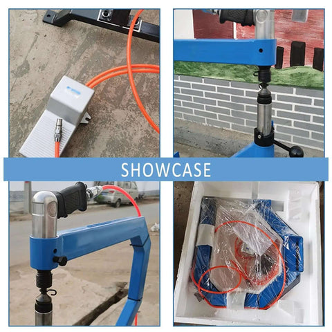 Pneumatic Planishing Hammer With Anvil And Pedal Four Inch Throat Workhorse Air Planishing Hammer For Metal Shaping 875 To 1350 Hits Per Minute One Quarter Inch NPT Inlet Includes One Two And Three Inch Radius Anvils, shown in parts and assembled view with pedal and cables.