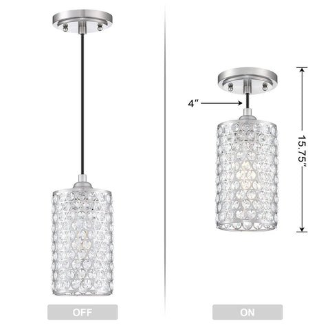 Three Pack Crystal Pendant Lights With Brushed Nickel Finish Modern Polyhedral Opal Shade For Dining Room Hallway And Living Room E26 Base LED Compatible Hardwired Ceiling Fixture Bulb Not Included, shown in off and on states, with measurements.