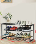3 Tier Bamboo Shoe Rack Organizer 32.5 Inch Long Holds 9-15 Pairs Stackable Foldable Black in room with shoes displayed