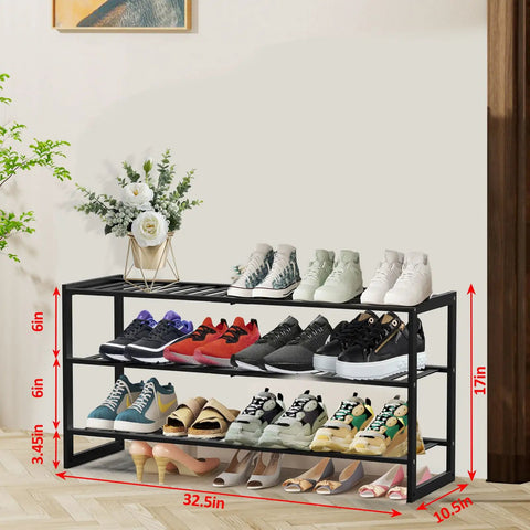 3 Tier Bamboo Shoe Rack Organizer 32.5 Inch Long Holds 9-15 Pairs Stackable Foldable Black in room with shoes displayed