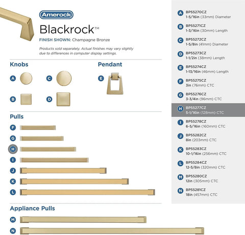 Champagne Bronze Transitional Cabinet Drawer Pull by Amerock, 5-1/16 in Center to Center, shown with product specifications.