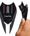 5 In 1 Divot Repair Tool With Ball Marker Alignment Aid For Golfers, black accessory with True Putt branding visible.