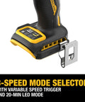 Pro Level 20V Max Brushless Cordless 3 Speed High Torque 1/4 Inch Impact Driver Kit With Xr Power Pack And Fast Charger variable speed trigger close-up.