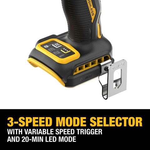 Pro Level 20V Max Brushless Cordless 3 Speed High Torque 1/4 Inch Impact Driver Kit With Xr Power Pack And Fast Charger variable speed trigger close-up.