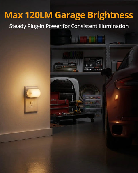 Plug In Night Light With Motion Sensor, Stepless Brightness From 1 To 120 Lumens illuminating a garage with a parked car.
