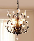 Vintage K9 Clear Crystal 3-Light Pendant Ceiling Fixture In Black Finish with ornate crystal details and metal frame.