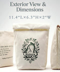 Canvas bag with floral logo, "TenDawn," exterior view and dimensions 11.4"L x 6.3"H x 2"W. Beginner Embroidery Stitch Book With Fabric Pages.