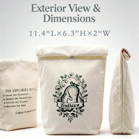 Canvas bag with floral logo, "TenDawn," exterior view and dimensions 11.4"L x 6.3"H x 2"W. Beginner Embroidery Stitch Book With Fabric Pages.