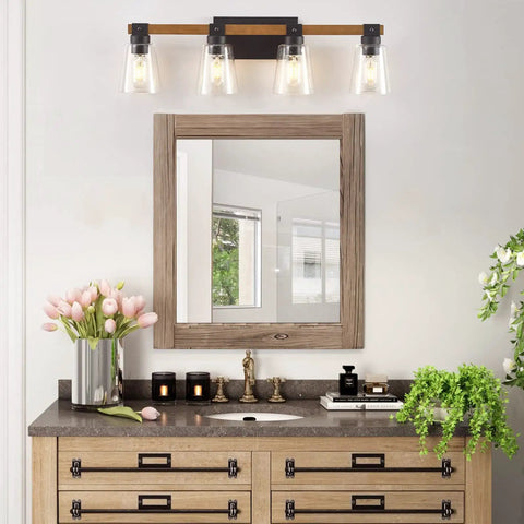 Farmhouse Style Four Light Vanity Light Over Mirror With Rustic Wood Frame And Seeded Glass Shades Vintage Wall Sconce