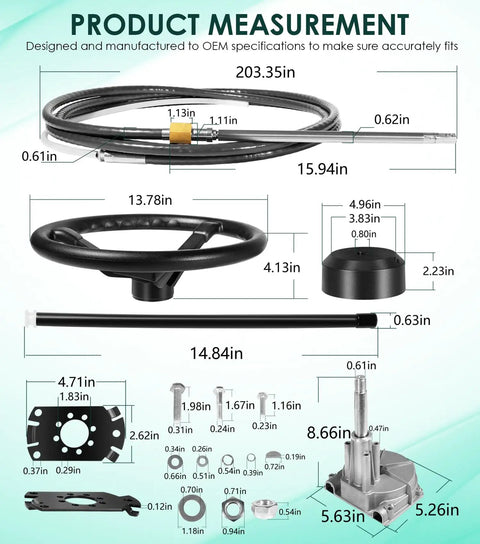 Outboard Steering Kit With Fifteen Foot Cable Three Quarter Inch Standard Tapered Shaft And Thirteen Point Five Inch Wheel measurements