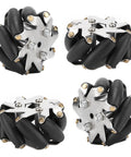 Front view of four 48mm mecanum wheels with black rollers and steel mounting plates

Side view of four 48mm mecanum wheels with black rollers and steel mounting plates

Close-up of a single 48mm mecanum wheel showing roller housing and mounting bolts

Angled view of four 48mm mecanum wheels with steel frames and black rollers