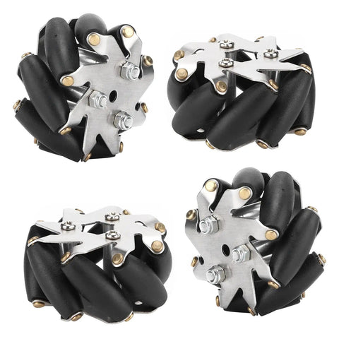 Durable Steel Mecanum Wheel Set For Robot Car 48mm Omni Wheels Four Pack showing steel structure and black rollers