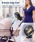 Woman using 20000mAh 8 Inch Portable Clip On Fan With Lights Battery Powered USB Desk Personal Quiet Fan on stroller