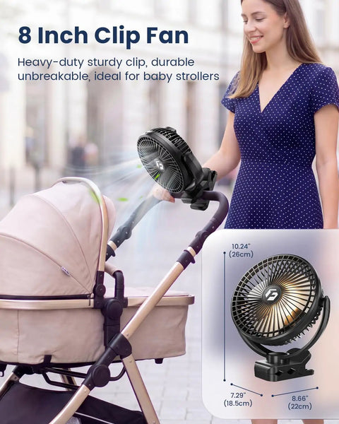 Woman using 20000mAh 8 Inch Portable Clip On Fan With Lights Battery Powered USB Desk Personal Quiet Fan on stroller