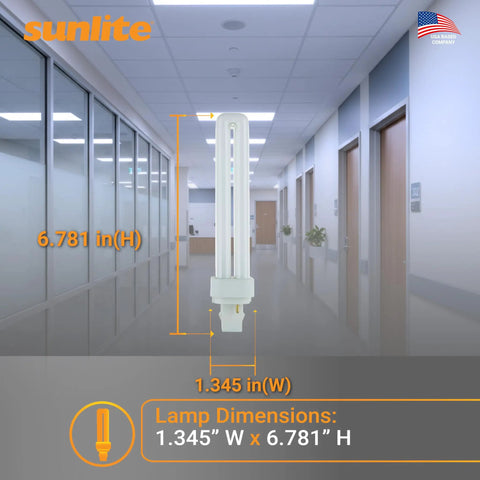 Crisp Daylight 6500K 26W 1560 Lumens Double Quad CFL Tube Bulbs With 2 Pin G24d3 Base Pack Of 10, dimensions shown