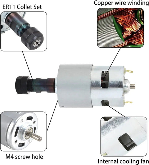 Close-up of motor components for 1610 Pro Mini CNC Router Kit 3 Axis Desktop GRBL Control DIY Engraver, showing ER11 collet and copper wiring.