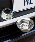 Solid Galvanized Pal Nuts For GM Chevrolet Emblem And Trim Hardware with visible hex flange and shiny finish.