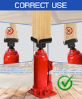 Heavy Duty 10 Ton Bottle Jack To Post Adapter With Centering Pin For 4x4 Wood Beams shown in correct usage with wood beam support.