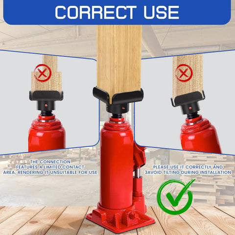Heavy Duty 10 Ton Bottle Jack To Post Adapter With Centering Pin For 4x4 Wood Beams shown in correct usage with wood beam support.