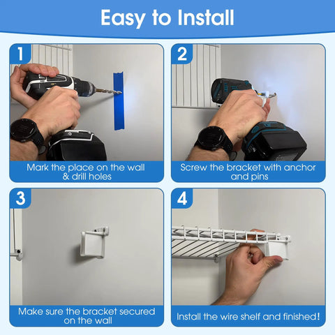 12 Pack White Wire Shelf End Brackets For 1/2 Inch Shelves, Plastic Closet Shelf Supports, Easy Install, Durable Resin Brackets For Home, Garage, Laundry Room Organization And Sturdy Storage showing wall-mount installation steps