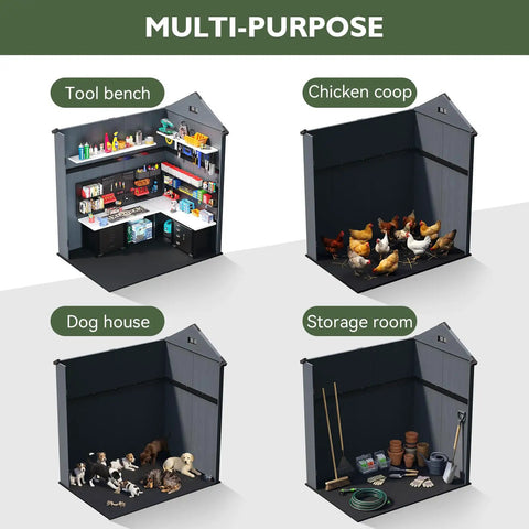 Multi-purpose use of 4x6 Ft Resin Outdoor Storage Shed With Reinforced Floor And Lockable Door as tool bench, chicken coop, dog house, and storage room.