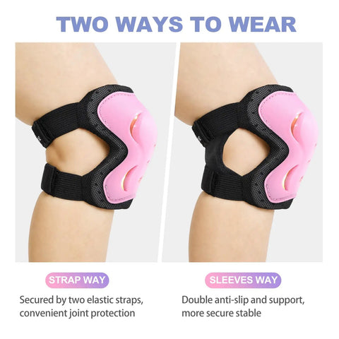 Six Pack Knee Pads Elbow Pads And Wrist Guards Protective Gear Set for all ages showing two types of pink knee pad wear methods.