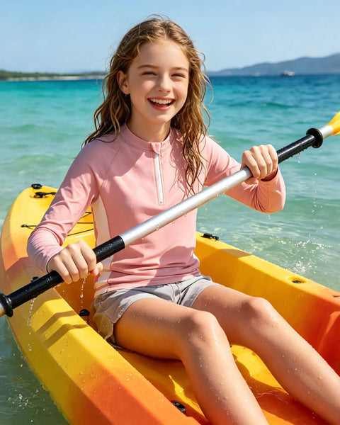 Girl kayaking in Girls Rash Guard Zip Up Long Sleeve UPF 50 Plus Sun Protection Shirt Quick Dry Breathable Athletic Top Pink White