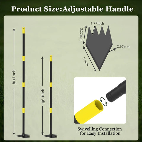 Diagram of Heavy Duty Garden Hoe With 60 Inch Adjustable Long Handle showing dimensions and swiveling connection for installation