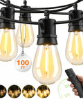 Outdoor String Lights LED Patio Lights 100Ft Waterproof Dimmable Porch Lighting With Remote Shatterproof S14 Bulbs