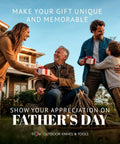 Family exchanging gifts outdoors for Father's Day celebration, smiling and enjoying the moment together.