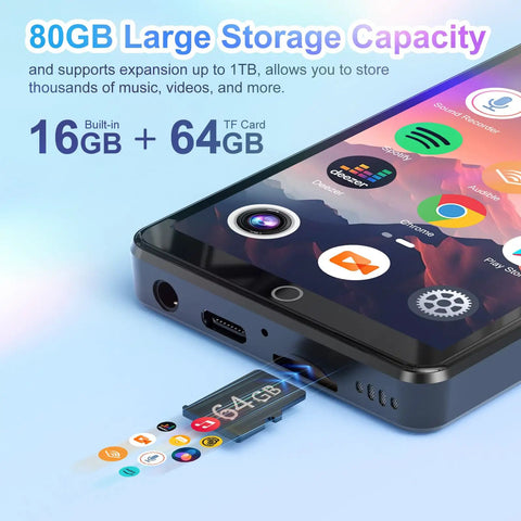 All In One 80GB Bluetooth WiFi MP3 Player With 4.0 Inch IPS Touch Screen, microSD card slot and app icons displayed