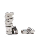 100 Pack 2-56 Coarse Thread Hex Lock Nuts Crafted From Premium 304 Stainless Steel stacked and scattered on a white background.