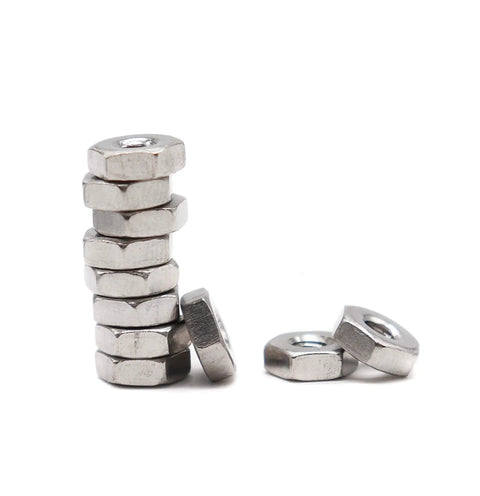 100 Pack 2-56 Coarse Thread Hex Lock Nuts Crafted From Premium 304 Stainless Steel stacked and scattered on a white background.