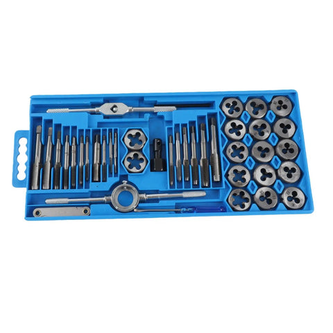 Hardened Alloy Steel Tap And Die Set With Variable Hand Tools For Heavy Duty Screw Threading Operations That Cut Tapered Threads And Craft Precise Nuts In Any Job Shop Or Garage Repair Scenario, blue case