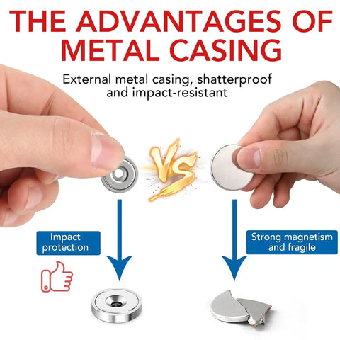 Comparison of Heavy Duty Neodymium Magnets Set With Screws, 20 Pound Holding Power, 6 Pack, showing impact protection vs broken magnet