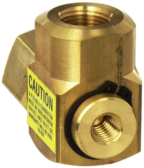 Replacement Brass Swivel With Nitrile Seal For 3/8 In NPT Hose Reels showing brass body and caution label