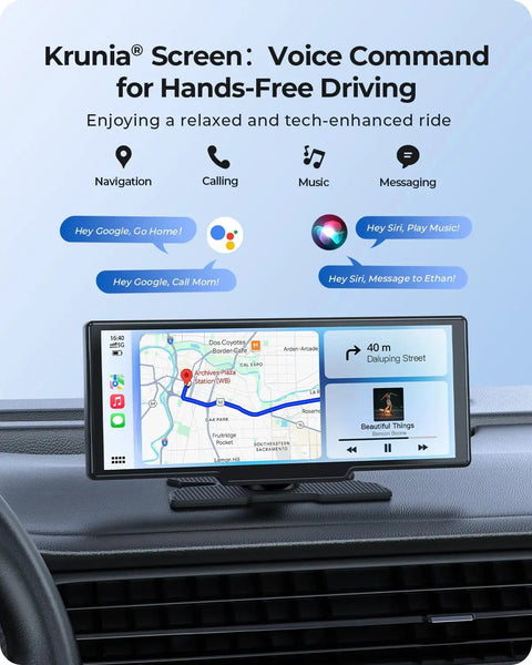 9.26 Inch Wireless CarPlay Screen With 4K Dash Cam on car dashboard showing navigation and media controls.