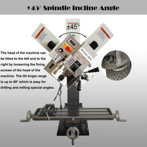 ±45° spindle incline angle on Built Like A Boss Benchtop Milling Machine With R8 Chucks for precise drilling and milling.